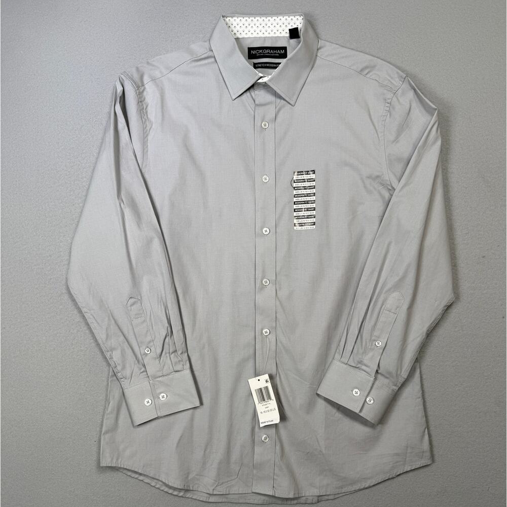 Nick Graham Men's Modern Fit Solid Dress Shirt Gray 16-16.5 32-33 $70